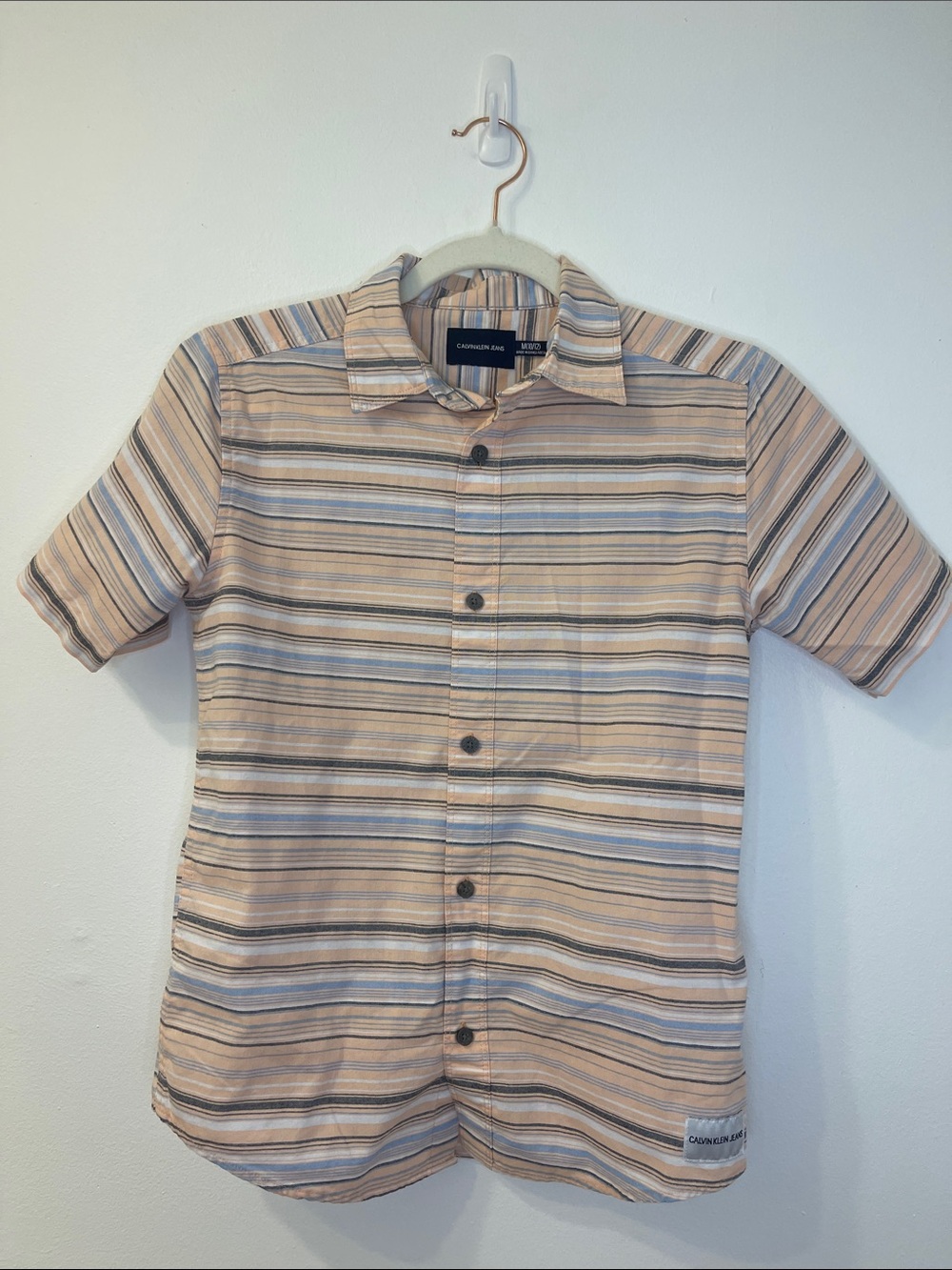 Calvin Klein Beige and Blue Short Sleeve Striped Button-Down Shirt Size M 10/12